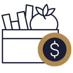 Icon of a grocery box with vegetables and a dollar sign symbol representing cost or payment.
