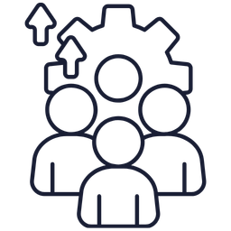 Icon showing group of people with upward arrows and a gear symbol, representing teamwork and growth.