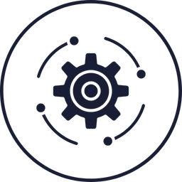 Gear icon surrounded by four orbiting dots within a circular border, representing settings or technology.
