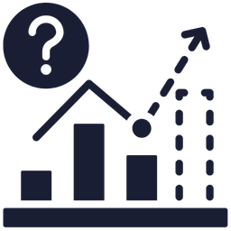 Bar chart with a question mark indicating uncertainty and a dotted upward arrow suggesting potential growth.