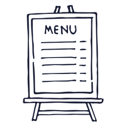 Hand-drawn illustration of a menu board on a stand with unreadable text lines.