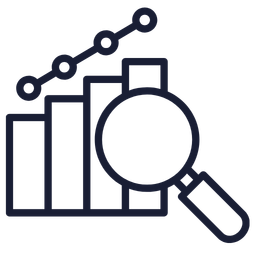 Icon of a bar chart with a line graph above and a magnifying glass inspecting the bars.