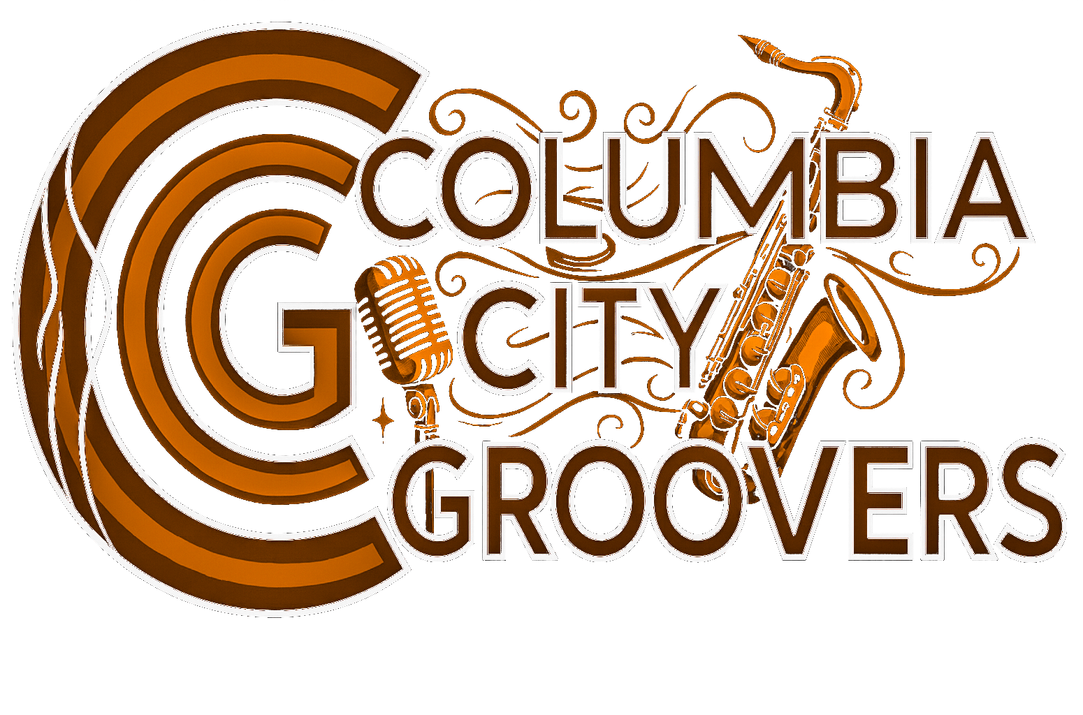 Copper-colored logo showing stylized letters CCG with vintage microphone and saxophone, and text 'Columbia City Groovers'.