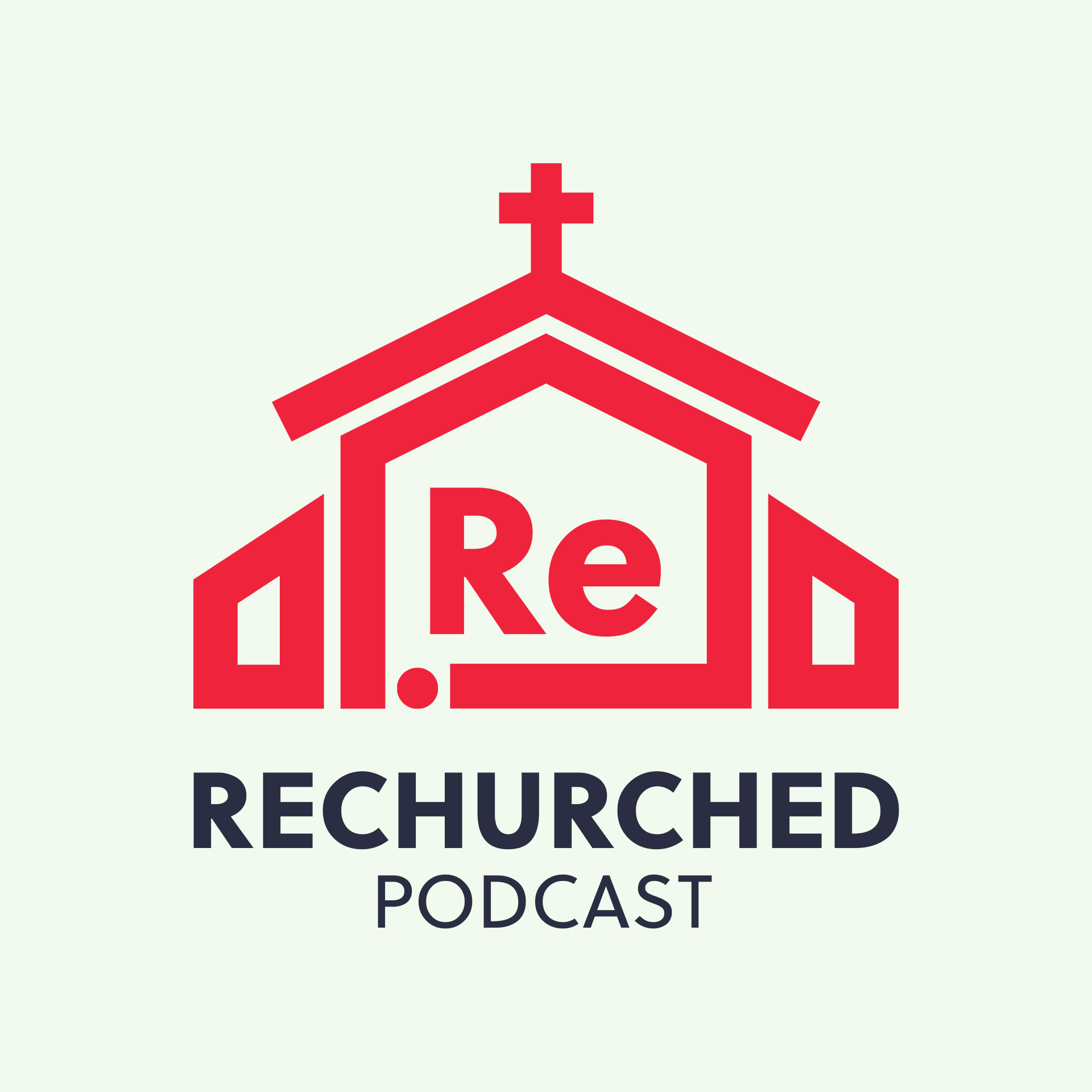 Red church logo with cross and "Re" inside, representing Rechurched podcast, a religious organization.