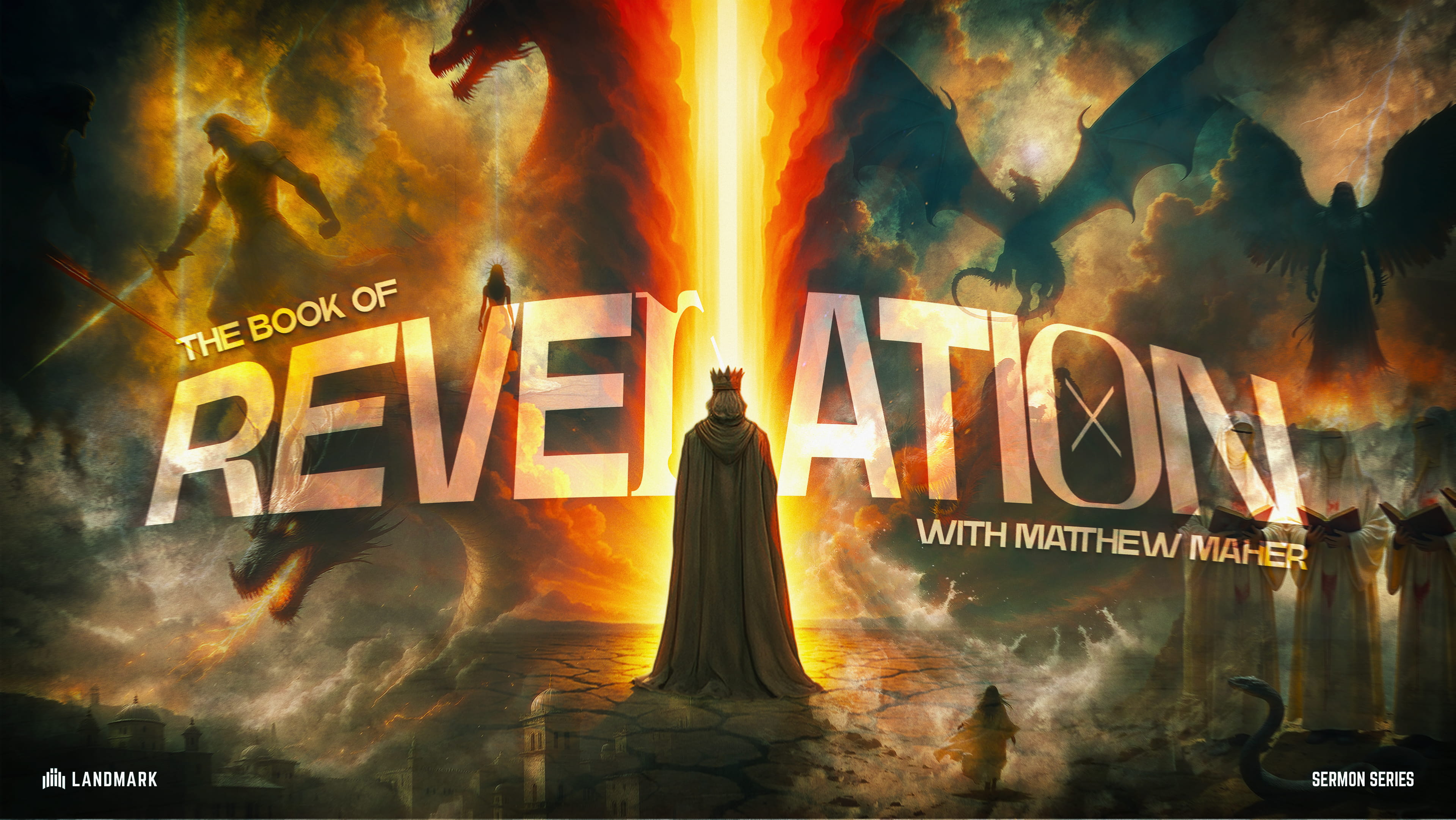 The Book of Revelation sermon series with Matthew Maher depicting a king and religious scenes.