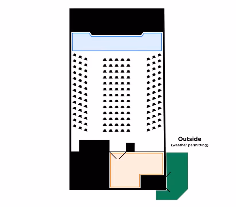 Seating chart with stage at top, rows of chairs, indoor area, and outside space labeled weather permitting.