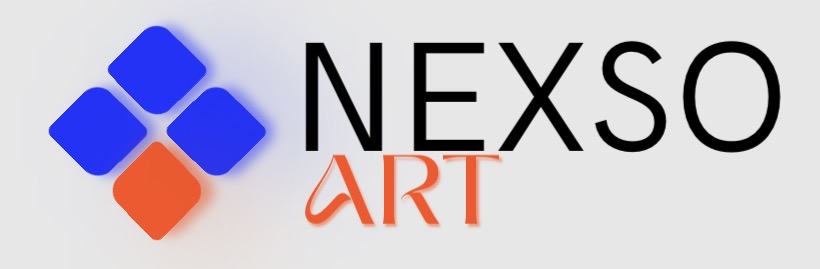 NEXSO ART logo with four blue squares and one orange square forming a diamond shape.