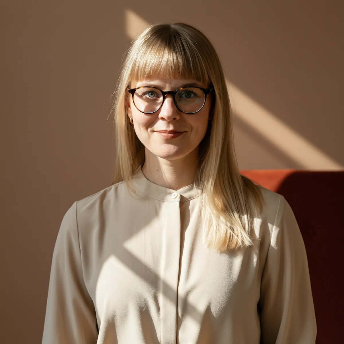 Portrait of a woman with blonde hair wearing glasses and a white blouse.