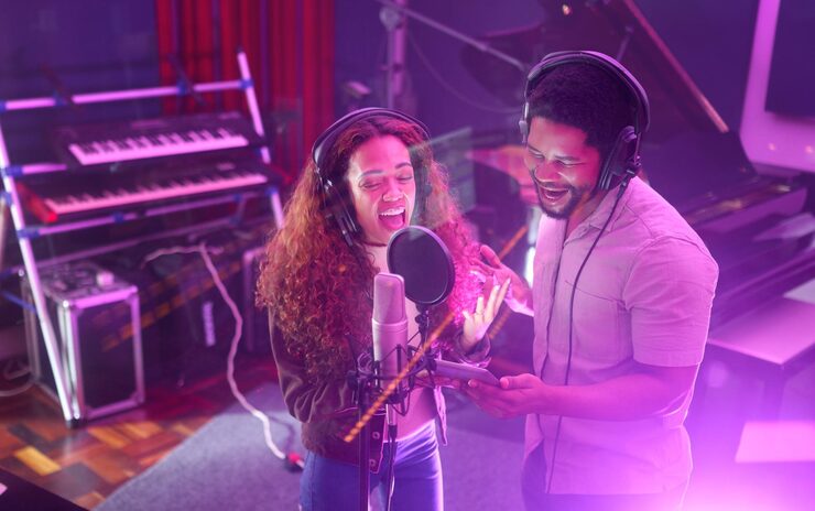 People practicing singing together