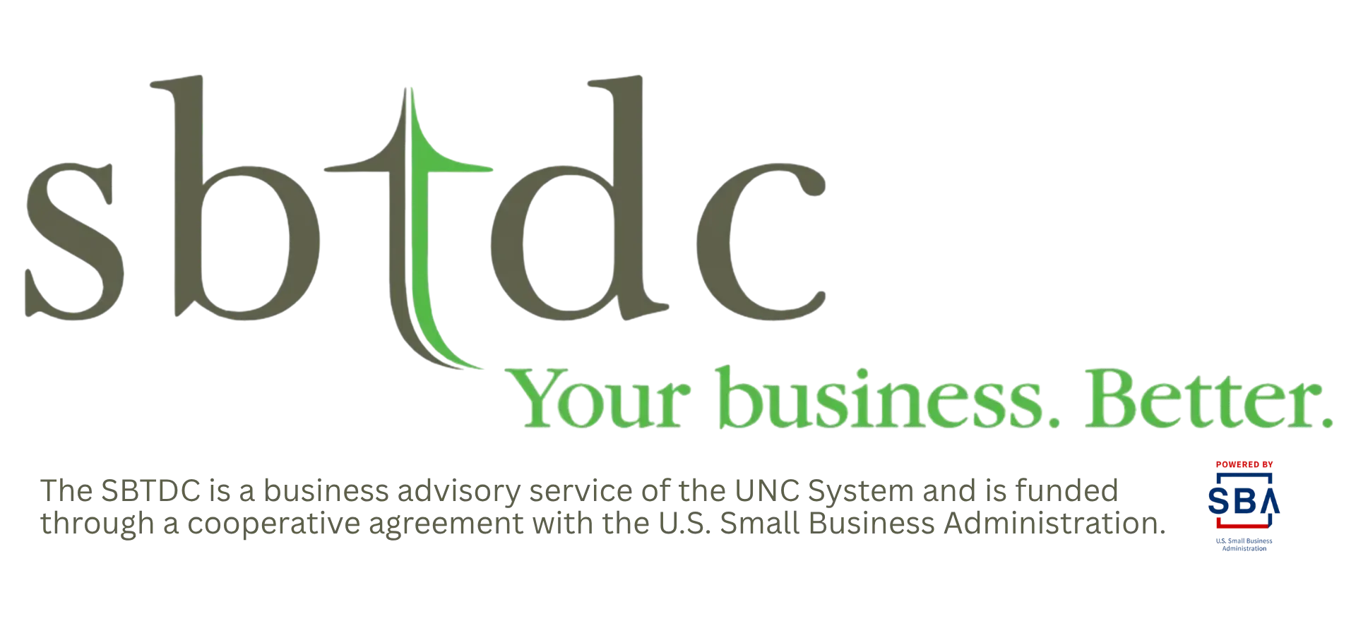 Logo with lowercase letters 'sbtdc' and the tagline 'Your business. Better.' in green and gray colors.