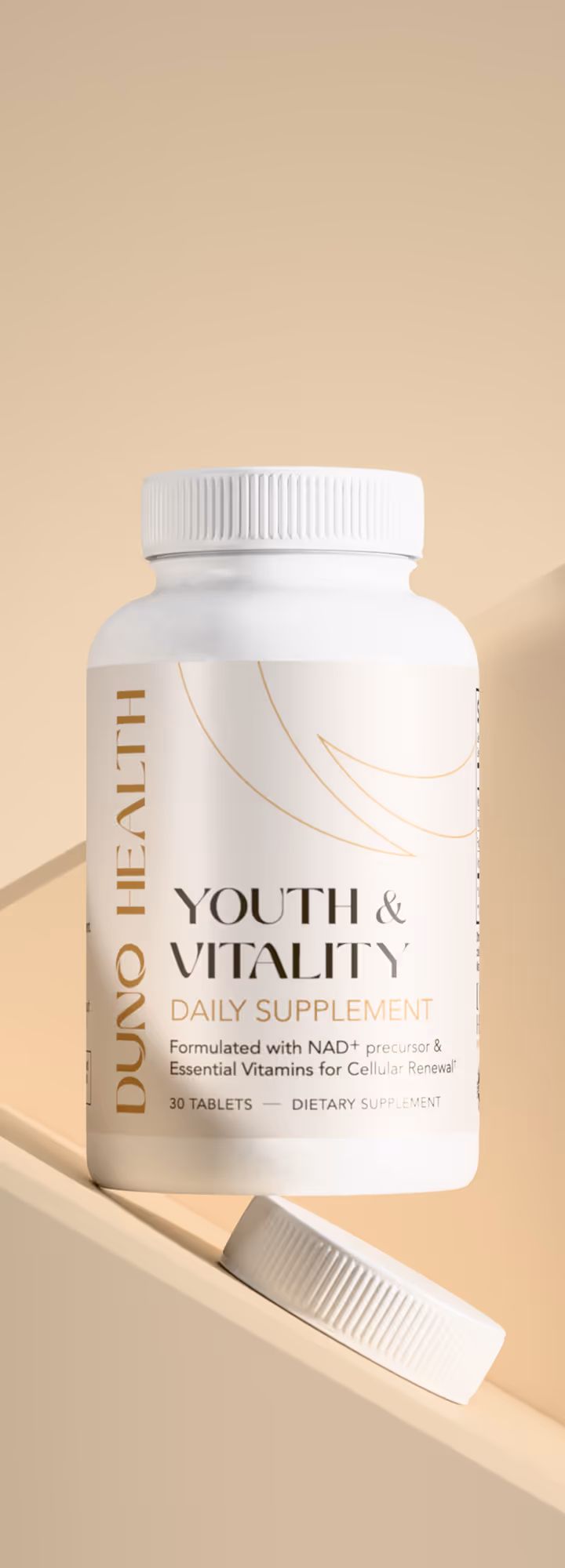White bottle of Duno Health Youth & Vitality daily supplement with 30 tablets, cap off and placed beside it on beige background.