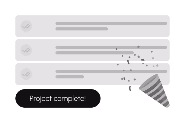 Task list with three completed items indicated by check marks, accompanied by a party popper and the text 'Project complete!'