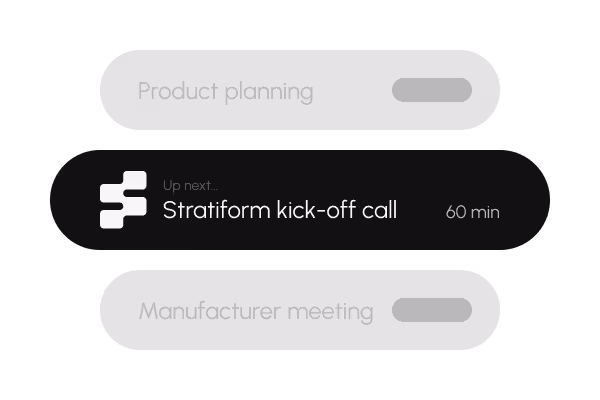 Dark mode calendar notification for a 60-minute 'Stratiform kick-off call' with gray inactive tasks labeled 'Product planning' and 'Manufacturer meeting'.