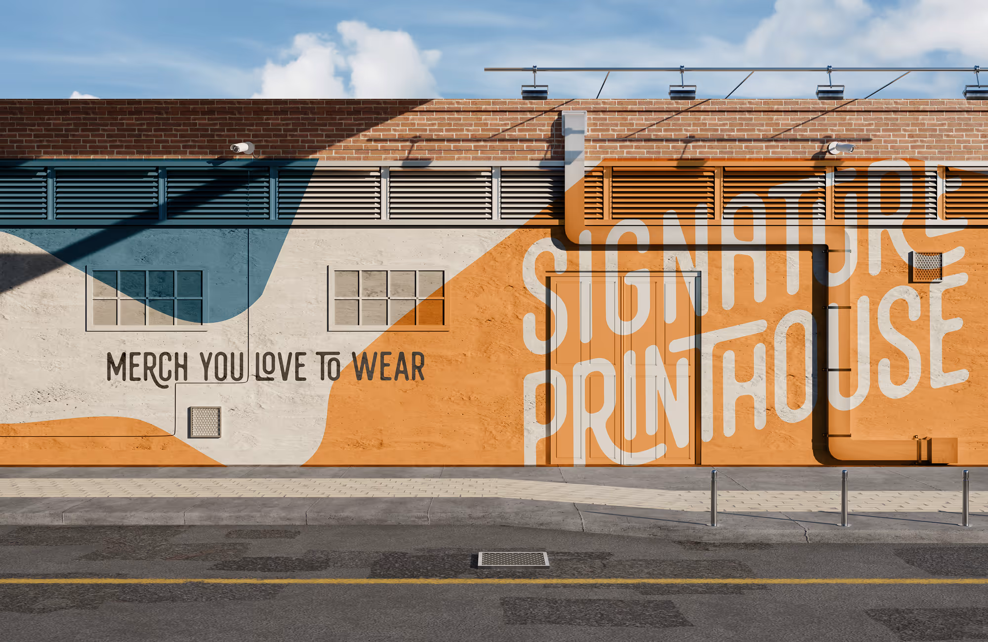 Colorfully painted brick wall with large text reading 'Signature Print House' and smaller text 'Merch you love to wear.'