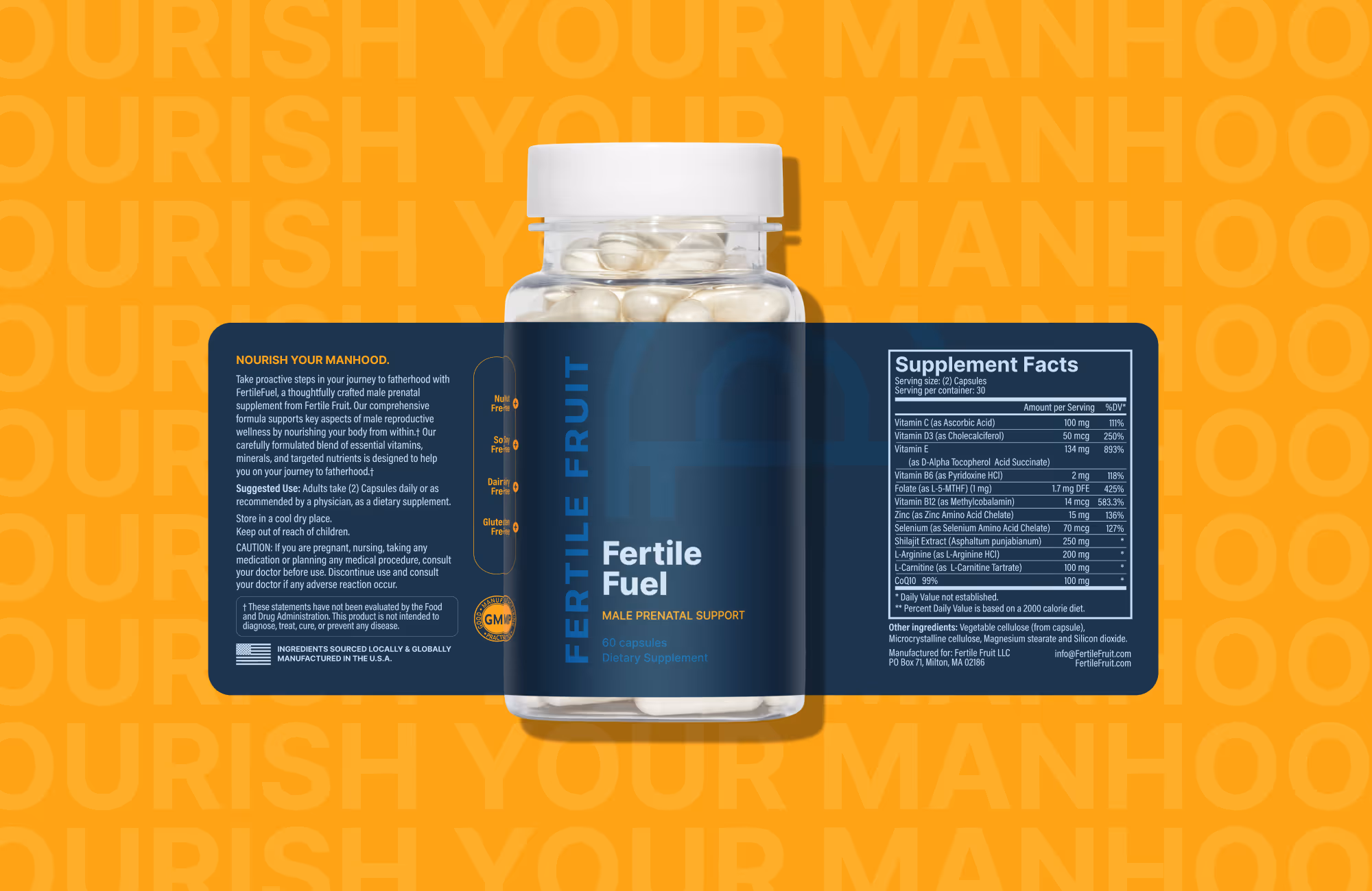 Bottle of Fertile Fruit Fertile Fuel male prenatal supplement with label showing supplement facts and usage instructions on a yellow background.