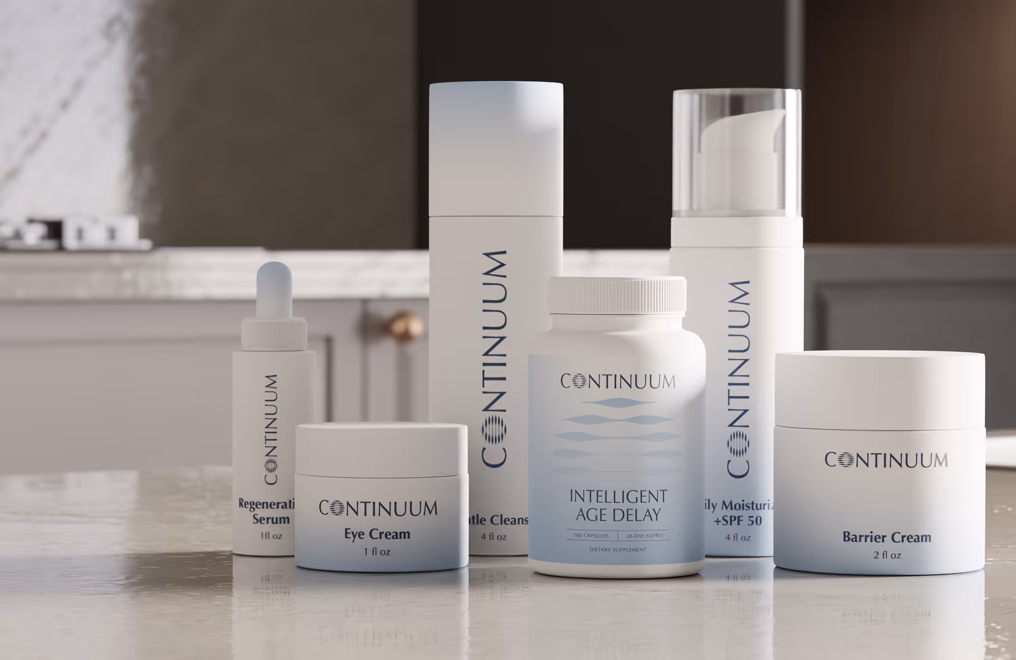 Six Continuum skincare and supplement products including Regenerative Serum, Eye Cream, Gentle Cleanser, Intelligent Age Delay capsules, Daily Moisturizer with SPF 50, and Barrier Cream on a marble surface.