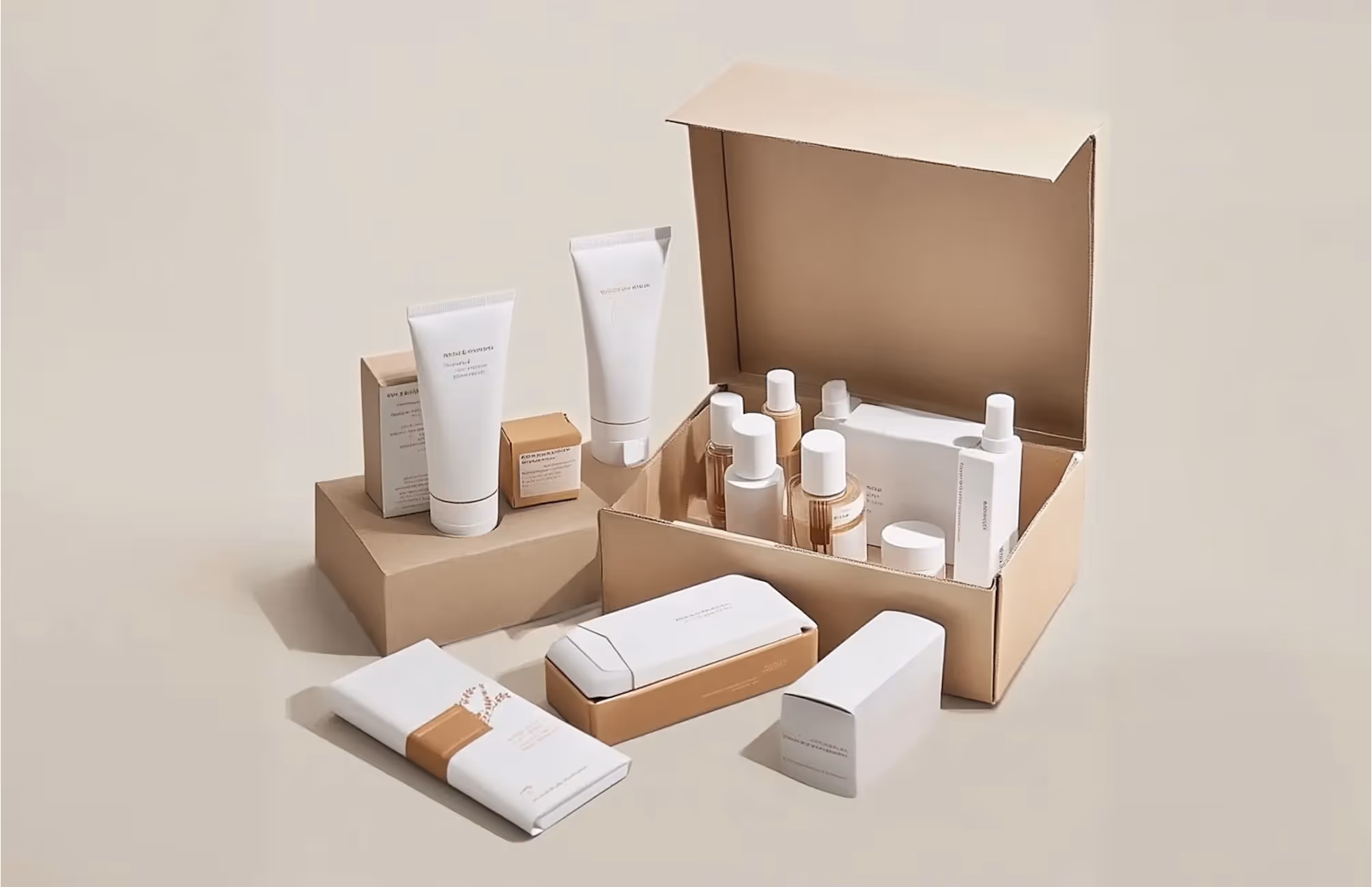 Assorted skincare products in white and beige packaging arranged with a cardboard box on a beige surface.