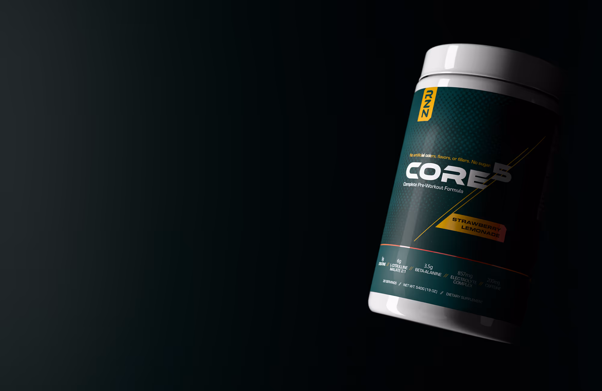 Container of RZN CORE5 Strawberry Lemonade pre-workout supplement on a dark background.