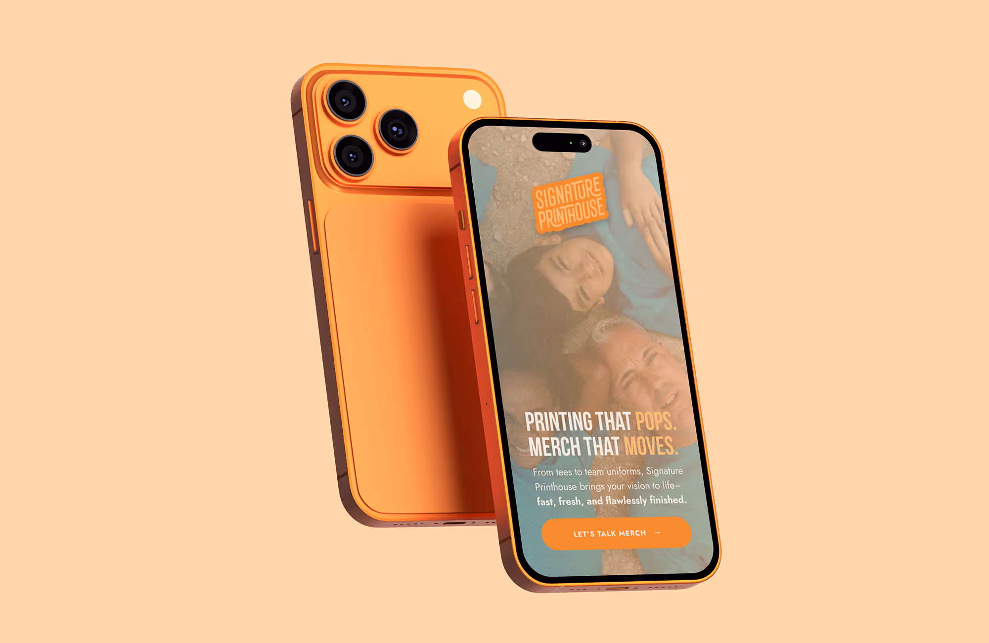 Orange smartphone displaying Signature Printhouse website with slogan and call-to-action button.