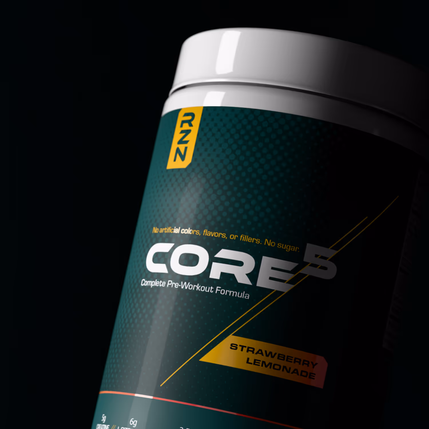 Container of CORE5 complete pre-workout formula with strawberry lemonade flavor and no artificial colors.