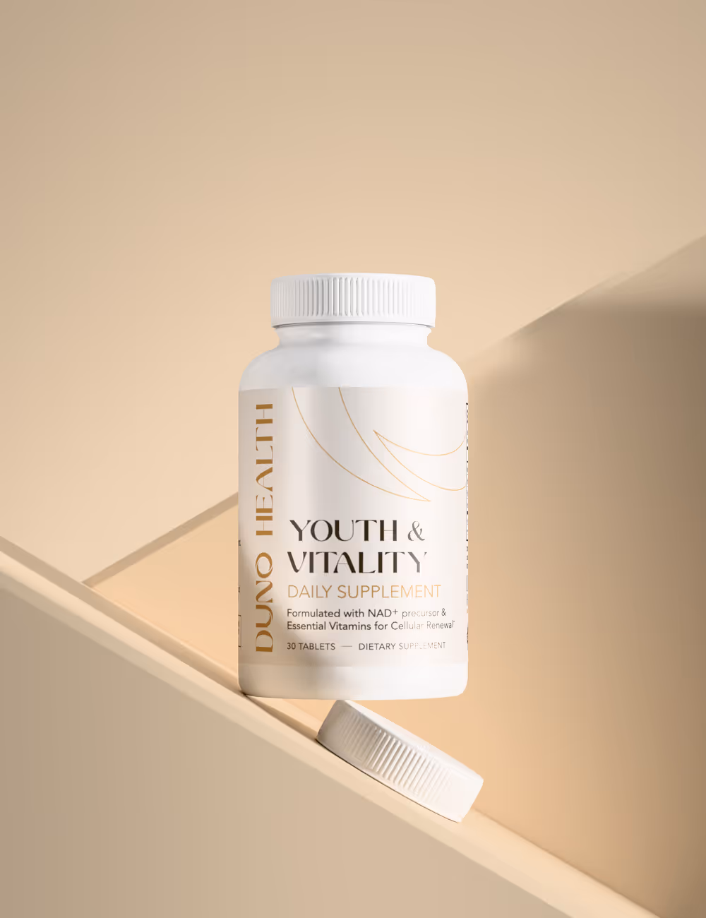 White bottle of Duno Health Youth & Vitality daily supplement with cap on beige surface.