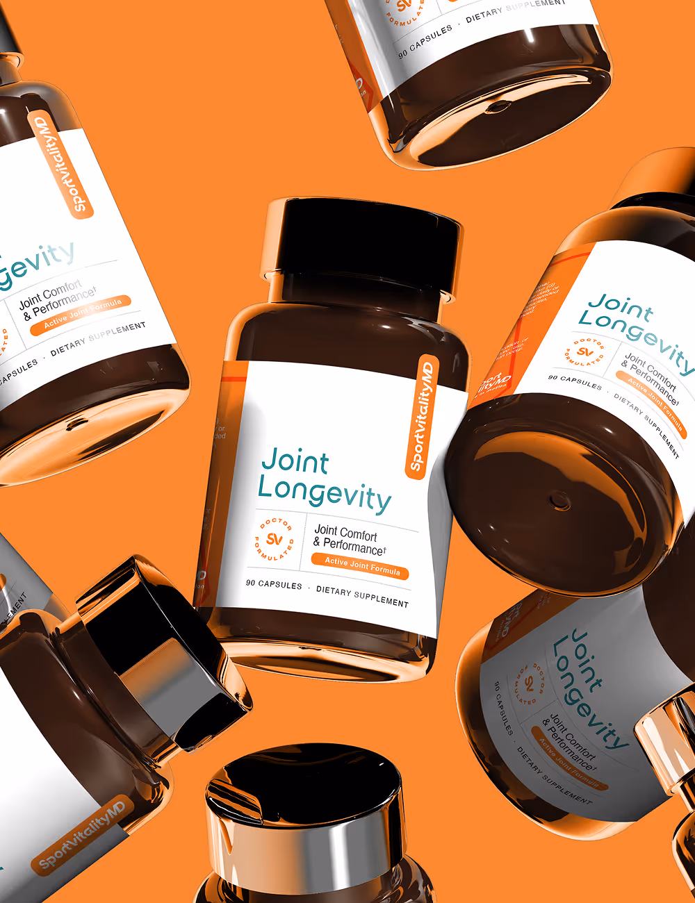 Multiple Joint Longevity dietary supplement bottles labeled for joint comfort and performance on orange background.