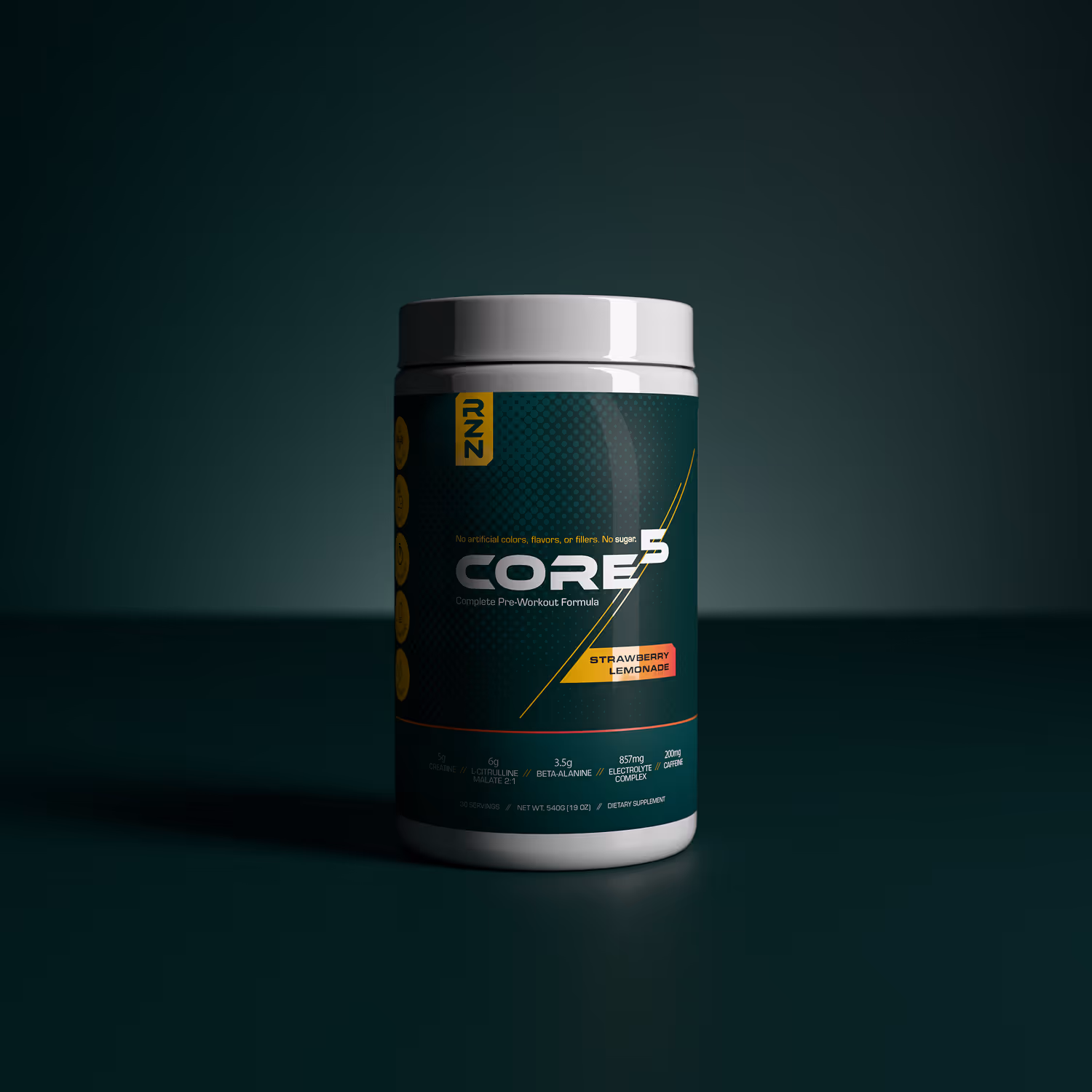Container of CORE 5 pre-workout supplement in strawberry lemonade flavor on dark green background.