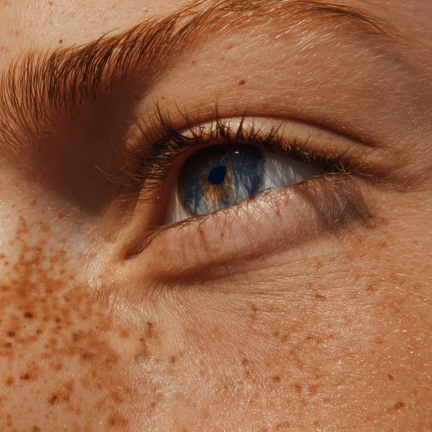 Close-up of a blue eye with freckles on light skin and visible eyebrow and eyelashes.