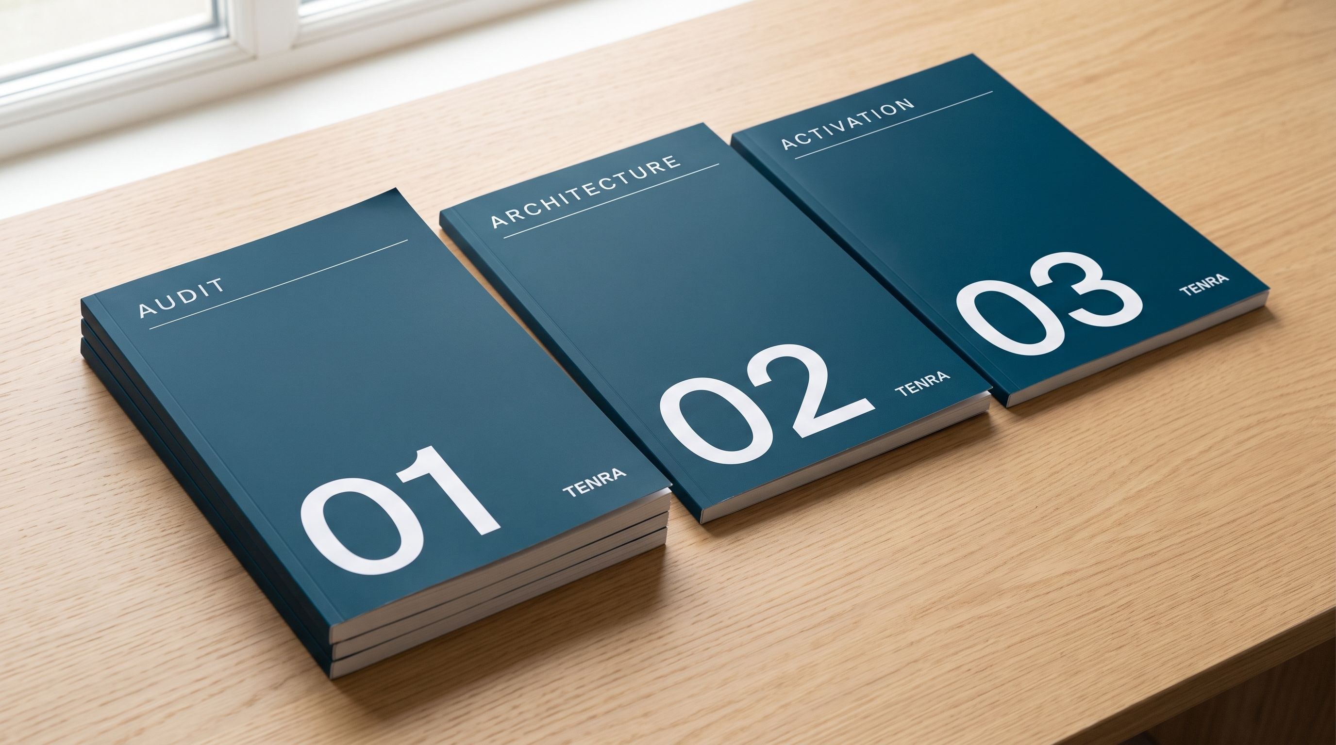 Three Tenra reports on a wooden desk, numbered 01 Audit, 02 Architecture and 03 Activation.