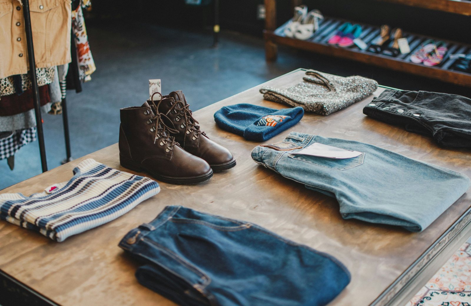 Folded clothes and boots laid out on a shop table, ready to be packed