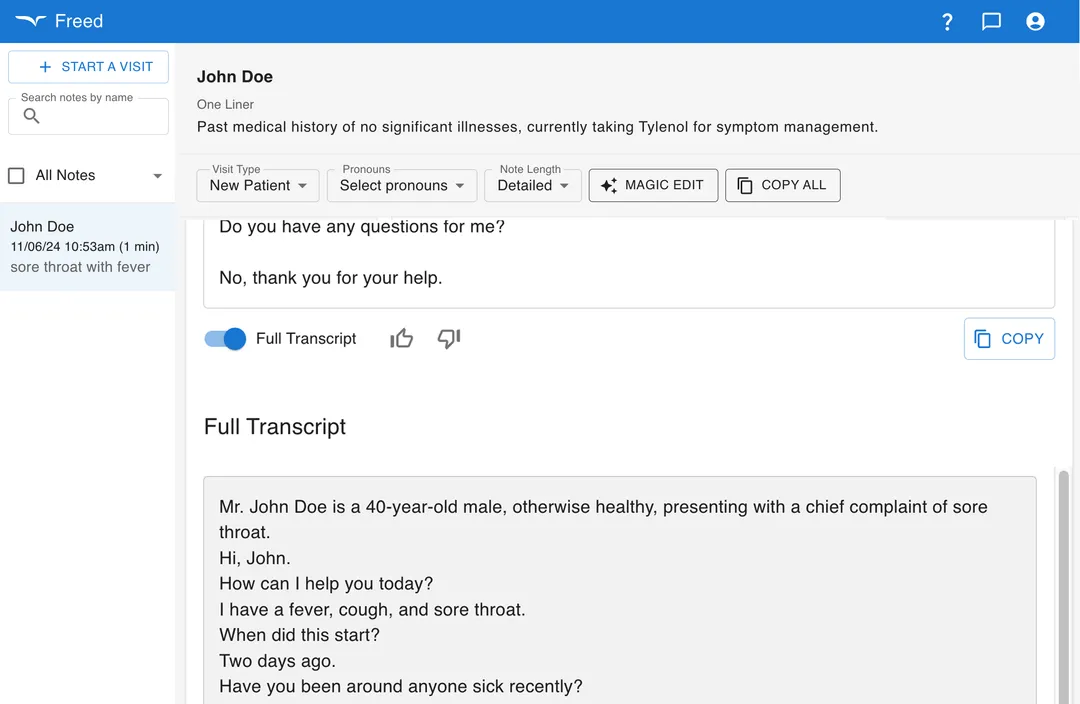 Freed AI scribe's auto-generated clinical notes