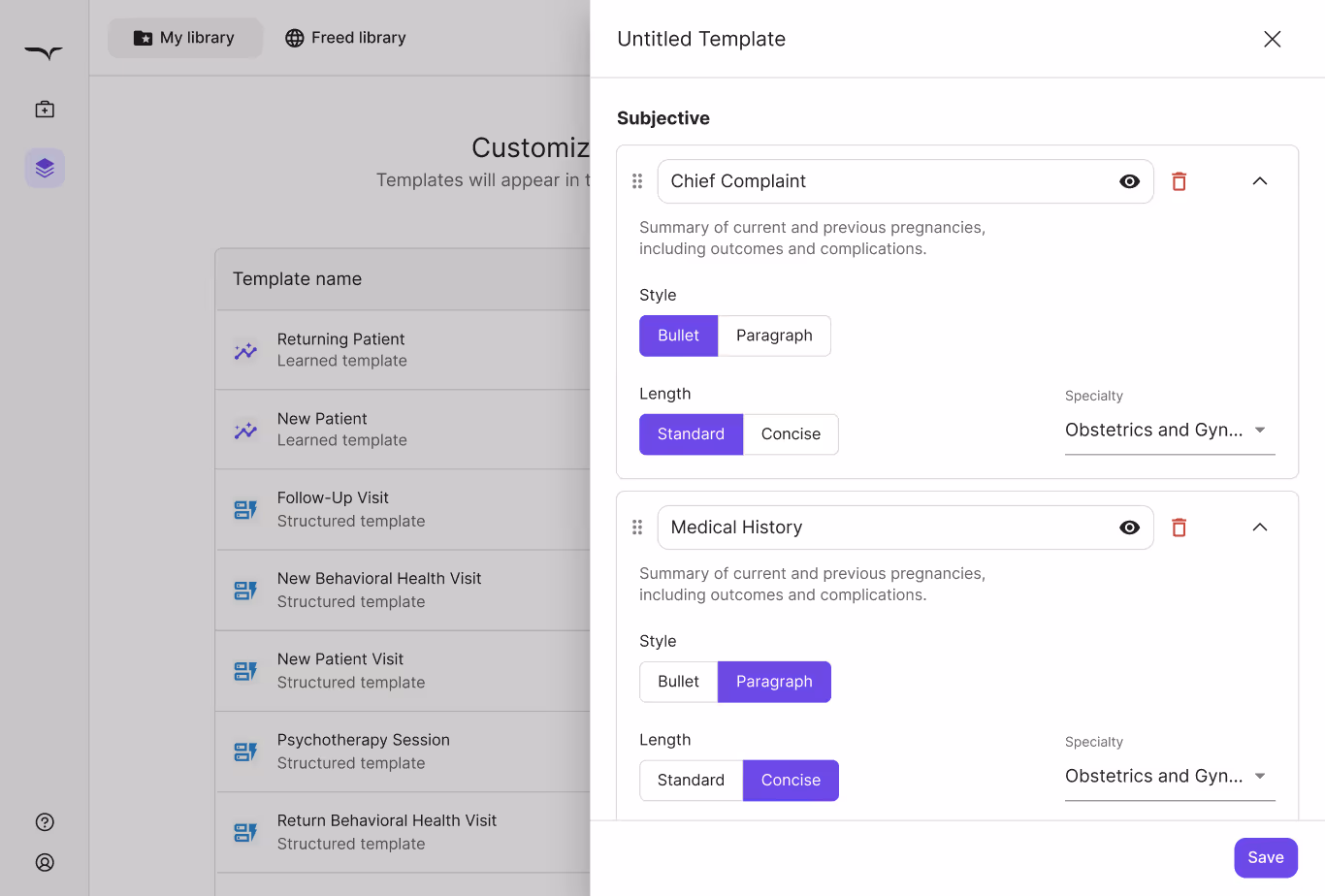 Freed note template showing bullet or paragraph style options and note length settings for high-risk intake