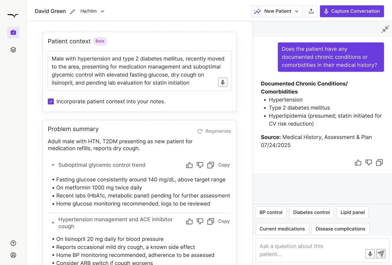 Freed AI scribe visit note showing patient background, AI chat agent, follow-ups, and last visit summary interface