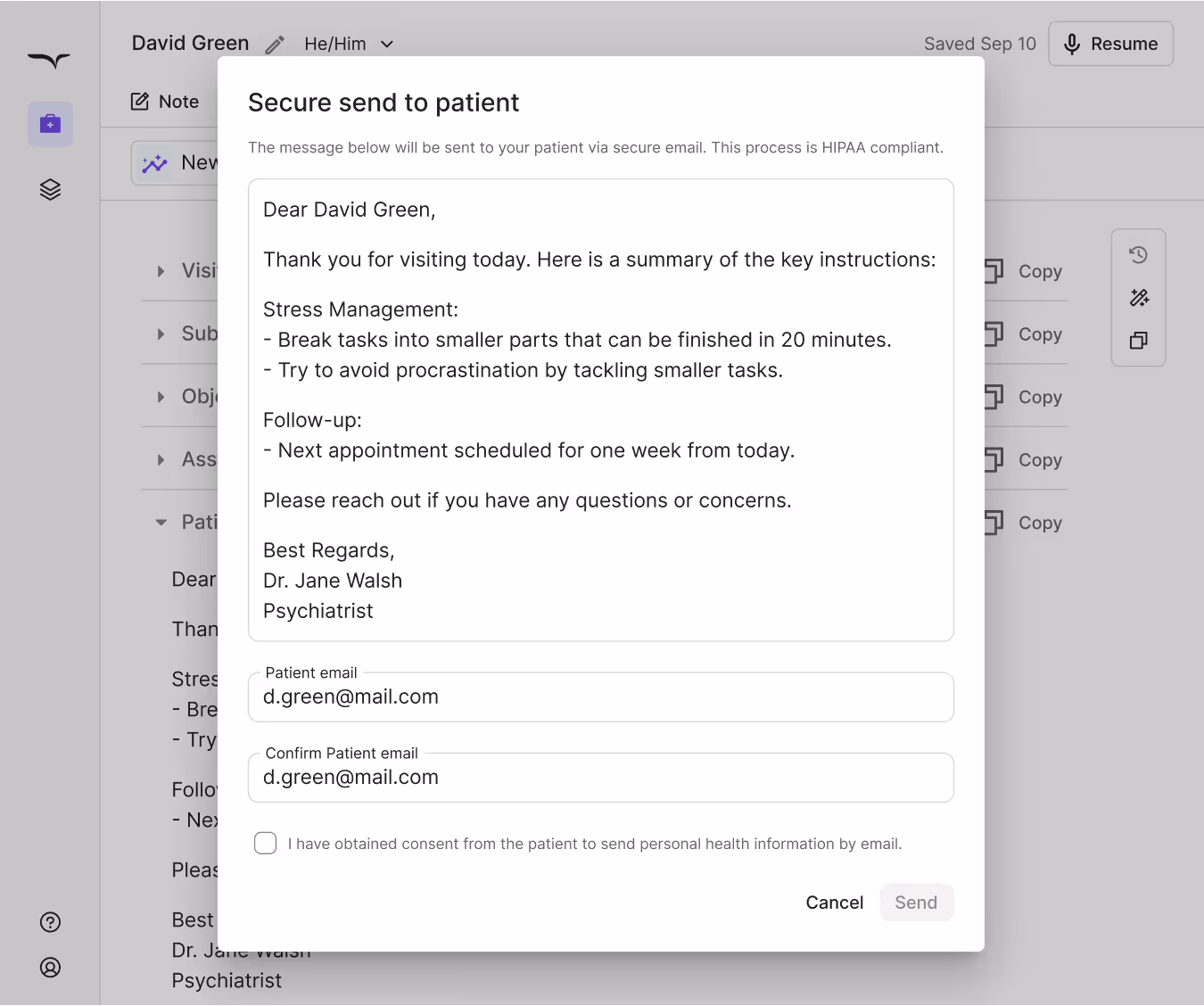 Freed Learn Format modal showing how the AI adapts to a clinician’s preferred note structure and layout