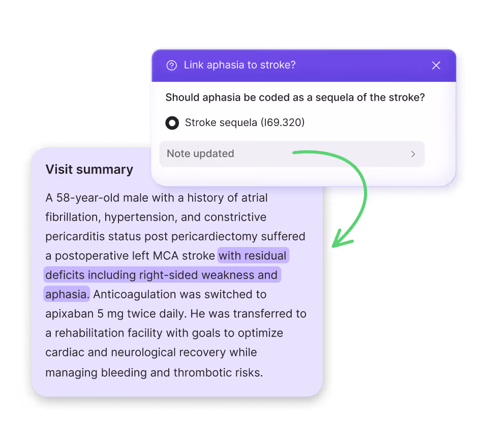 Evidence-linked medical coding automation updates the note with the selected code.