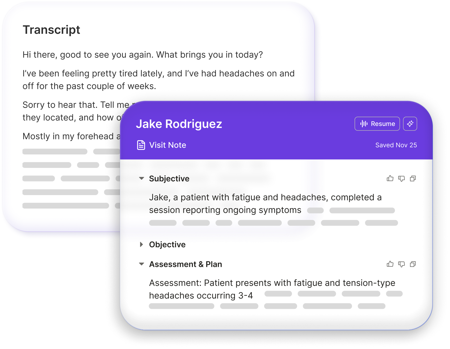 Screenshot of a medical transcript and a visit note for patient Jake Rodriguez, detailing symptoms of fatigue and tension-type headaches with sections labeled Subjective, Objective, and Assessment & Plan.