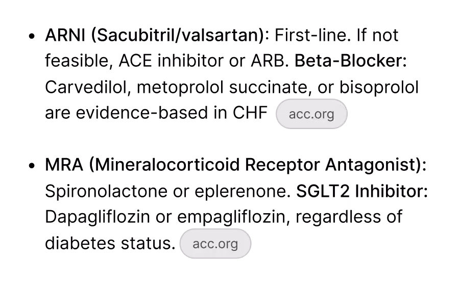 Freed clinical decision support providing evidence-based medical guidance with cited sources and suggested follow-up questions.