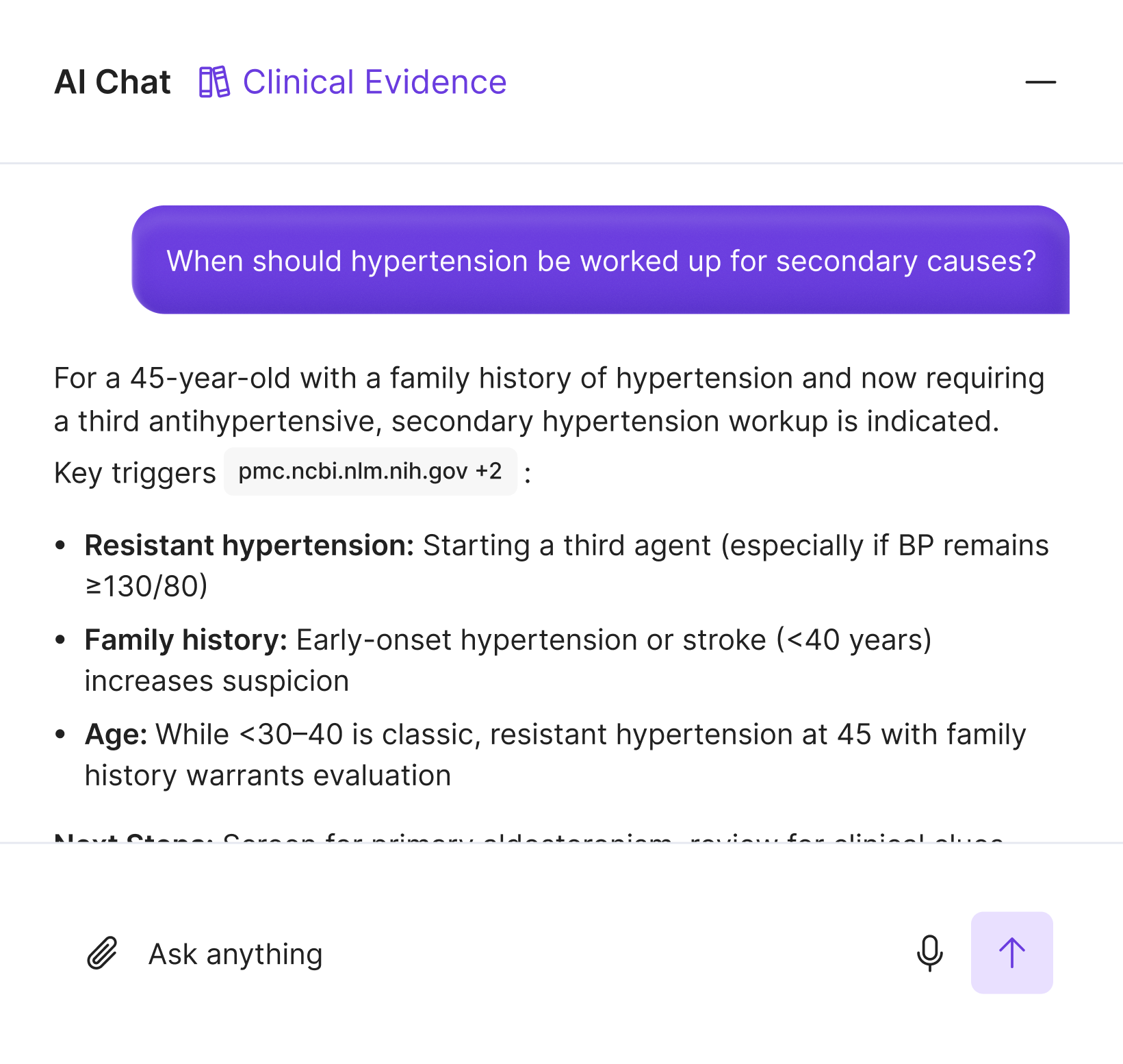 Freed Clinical Evidence chat showing a cited answer to a hypertension workup question, grounded in the patient's visit
