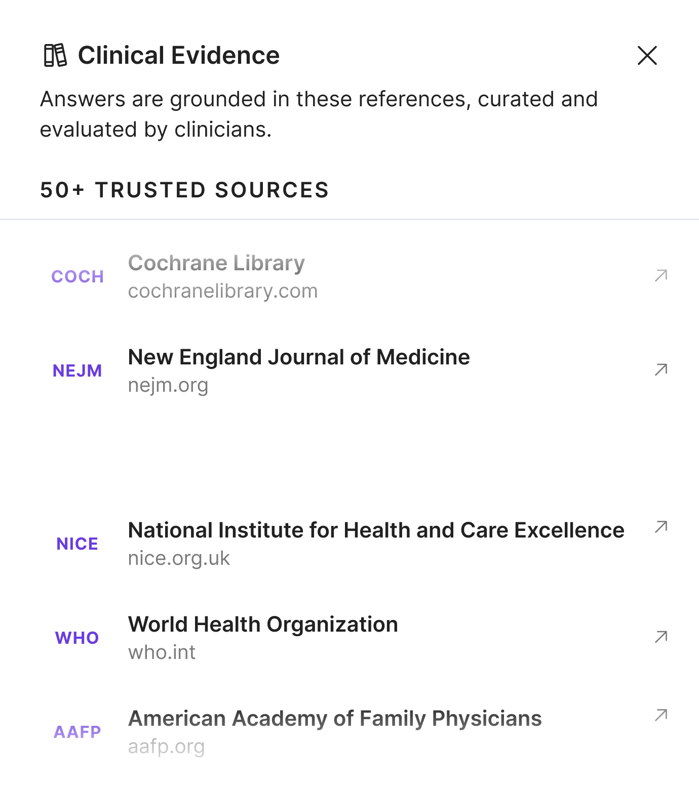 Freed Clinical Evidence source library listing 50+ trusted sources including CDC, Cochrane, FDA, NEJM, and NIH