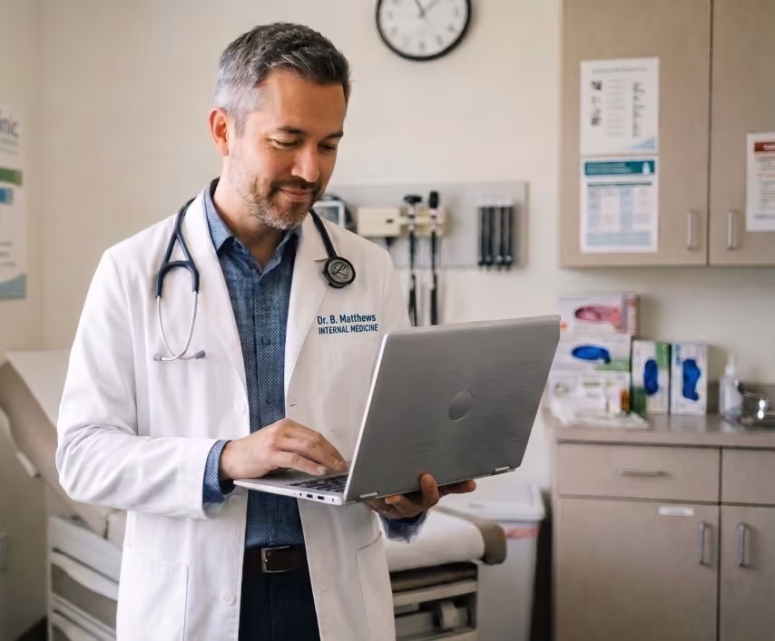 Clinician reviewing a laptop with a visit summary and a "Push to EHR" button that maps notes to browser-based EHRs through Freed's Chrome extension.
