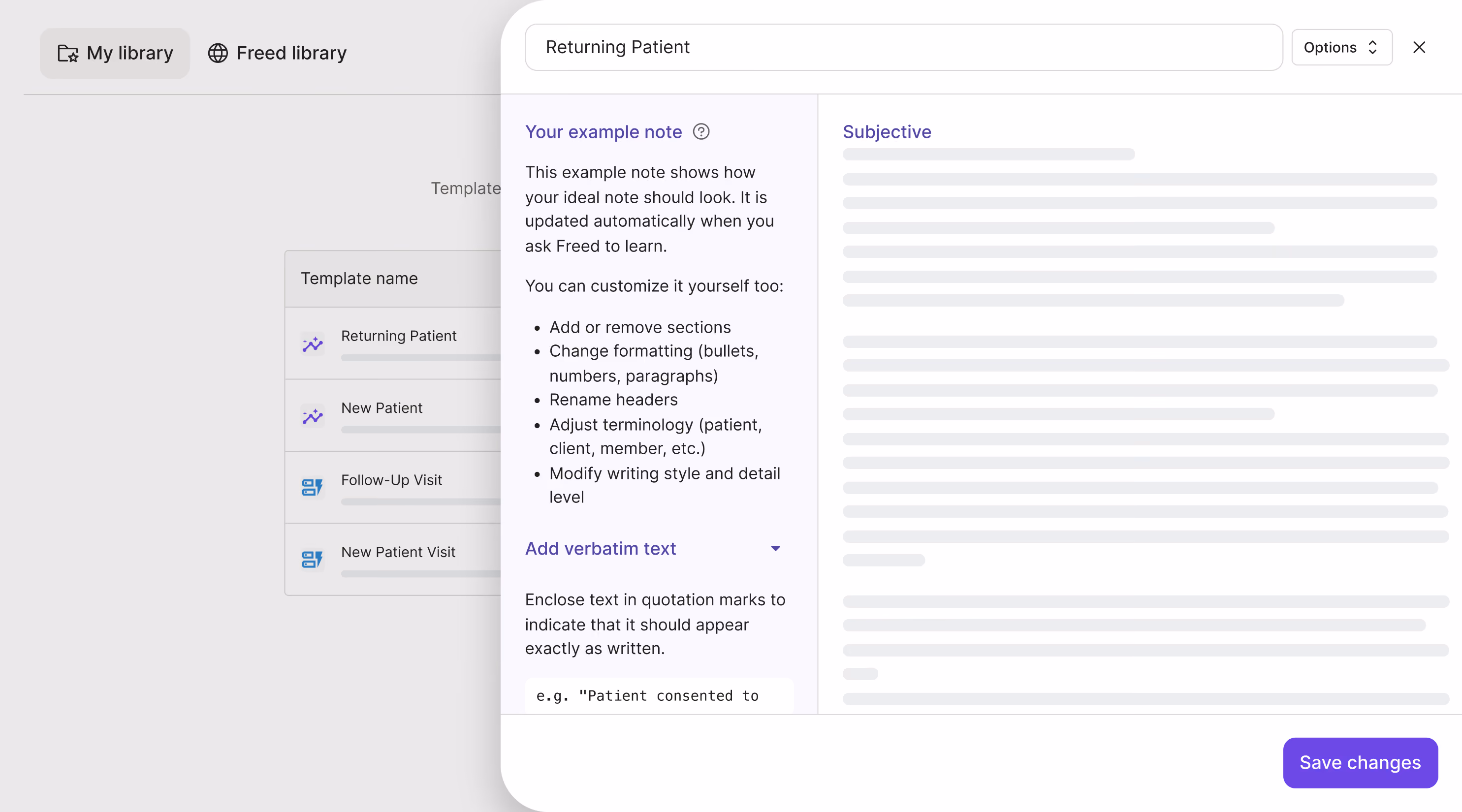 Freed note editor showing a Returning Patient template, with template upload, and customization including formatting options that learn from your edits.