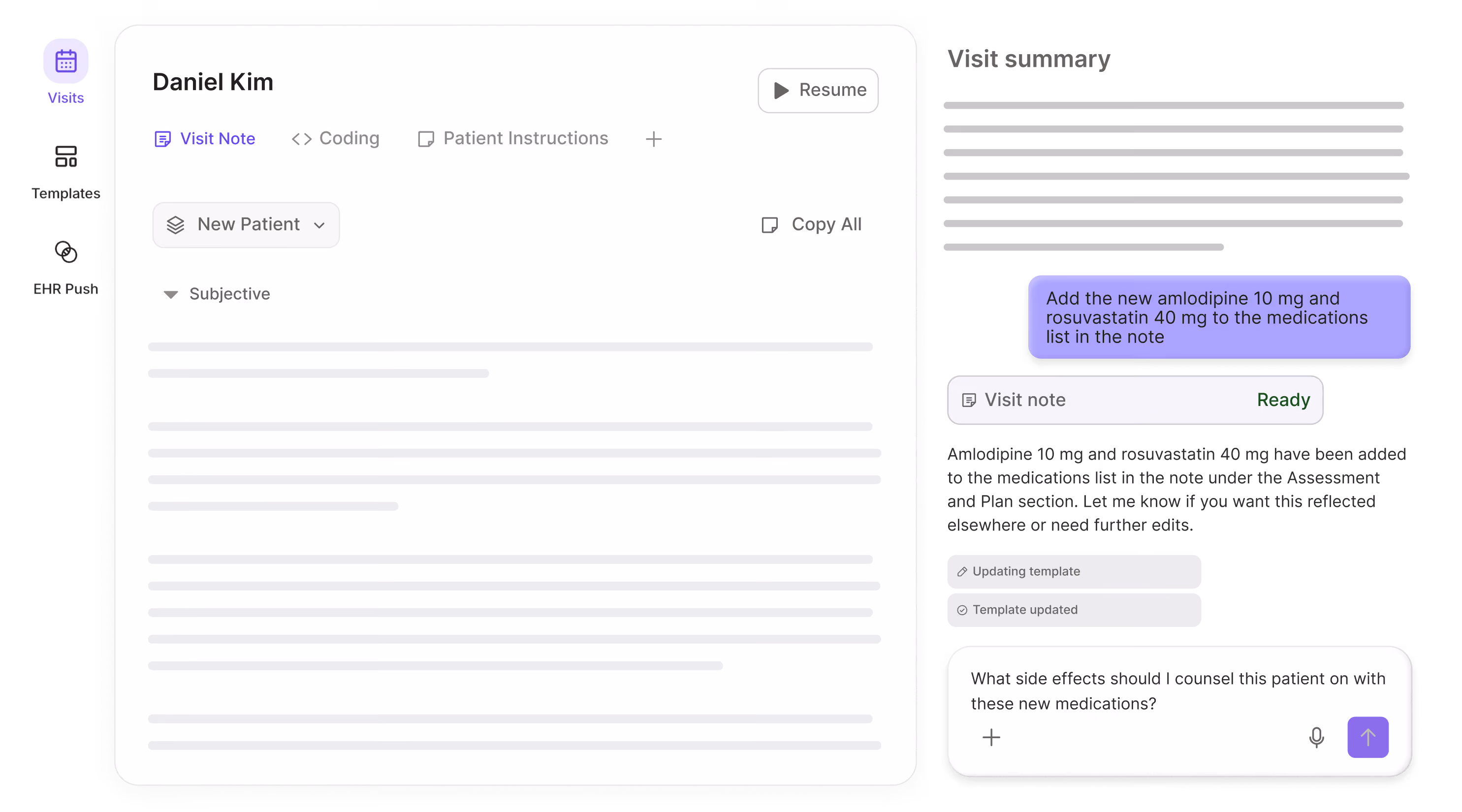 Visit note for a patient open next to an AI Chat panel. Text in the AI Chat includes a request to add new medications to the assessment and plan. The AI Chat response has drafted accurate text to be added to the note with clinician approval.