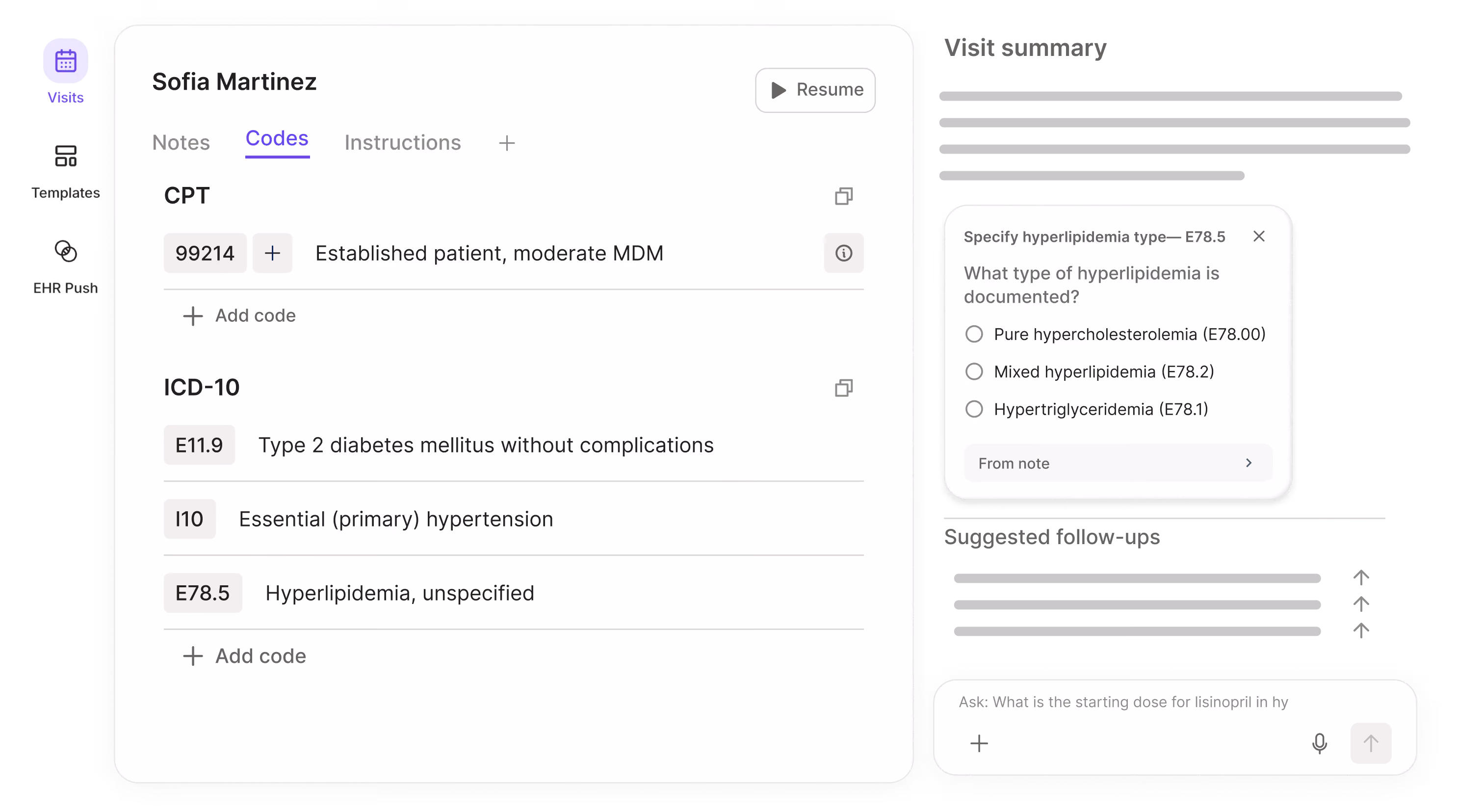 Coding view for patient Sofia Martinez showing CPT and ICD-10 codes, with a suggested follow-up question about hyperlipidemia type.