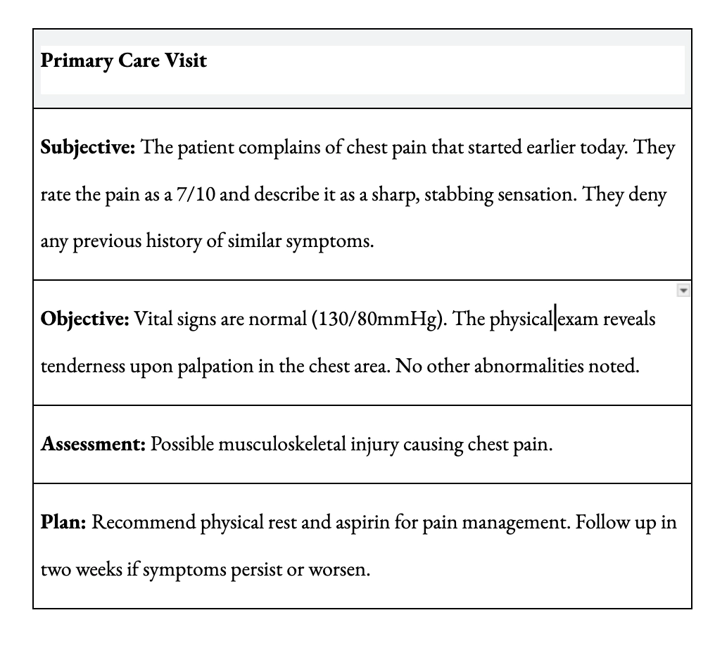 example of a note from a primary care visit in SOAP format