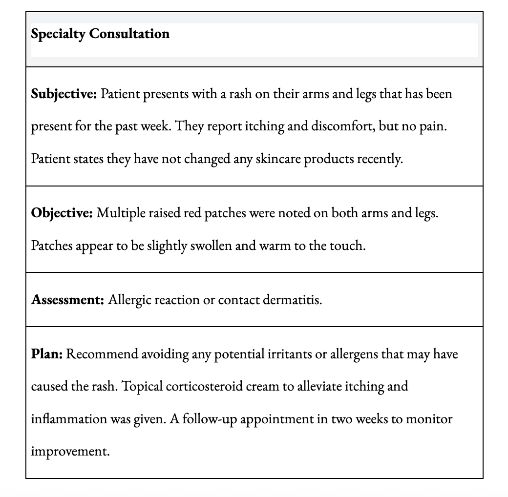 Example of a specialty consultation note, outlined in SOAP format