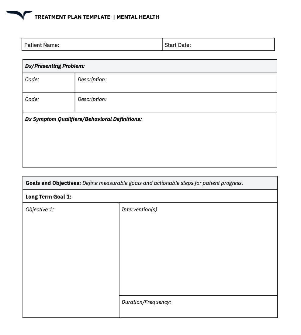 mental health treatment plan template