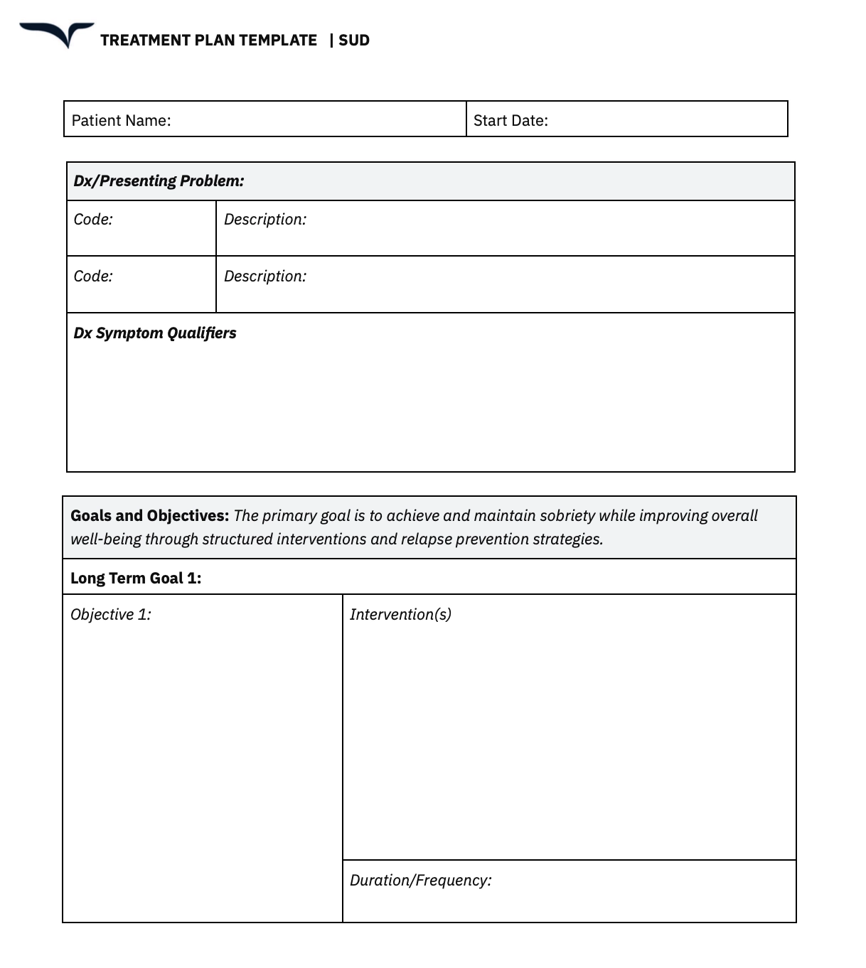 substance use disorder treatment plan template fillable free pdf download