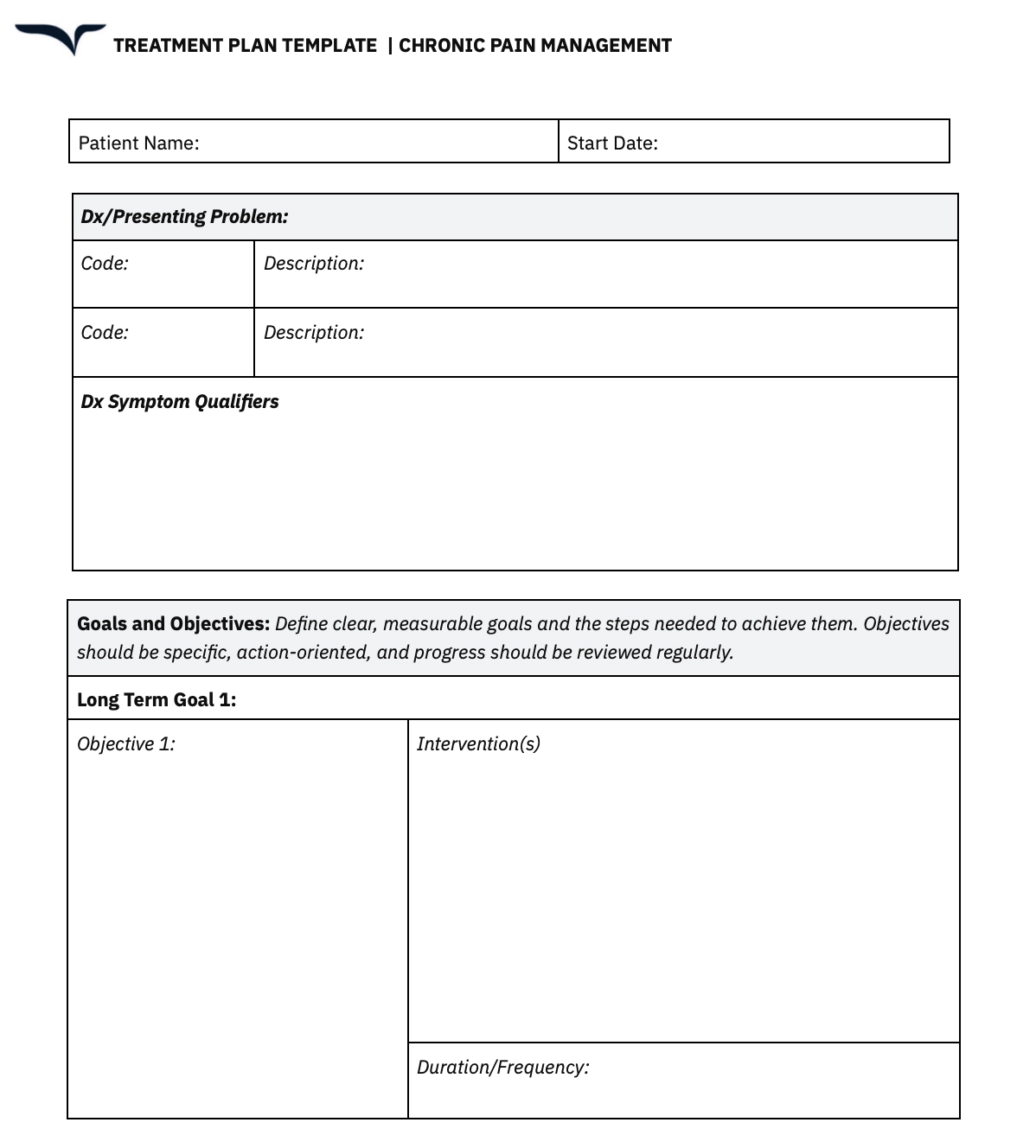 chronic pain management treatment plan template free pdf download