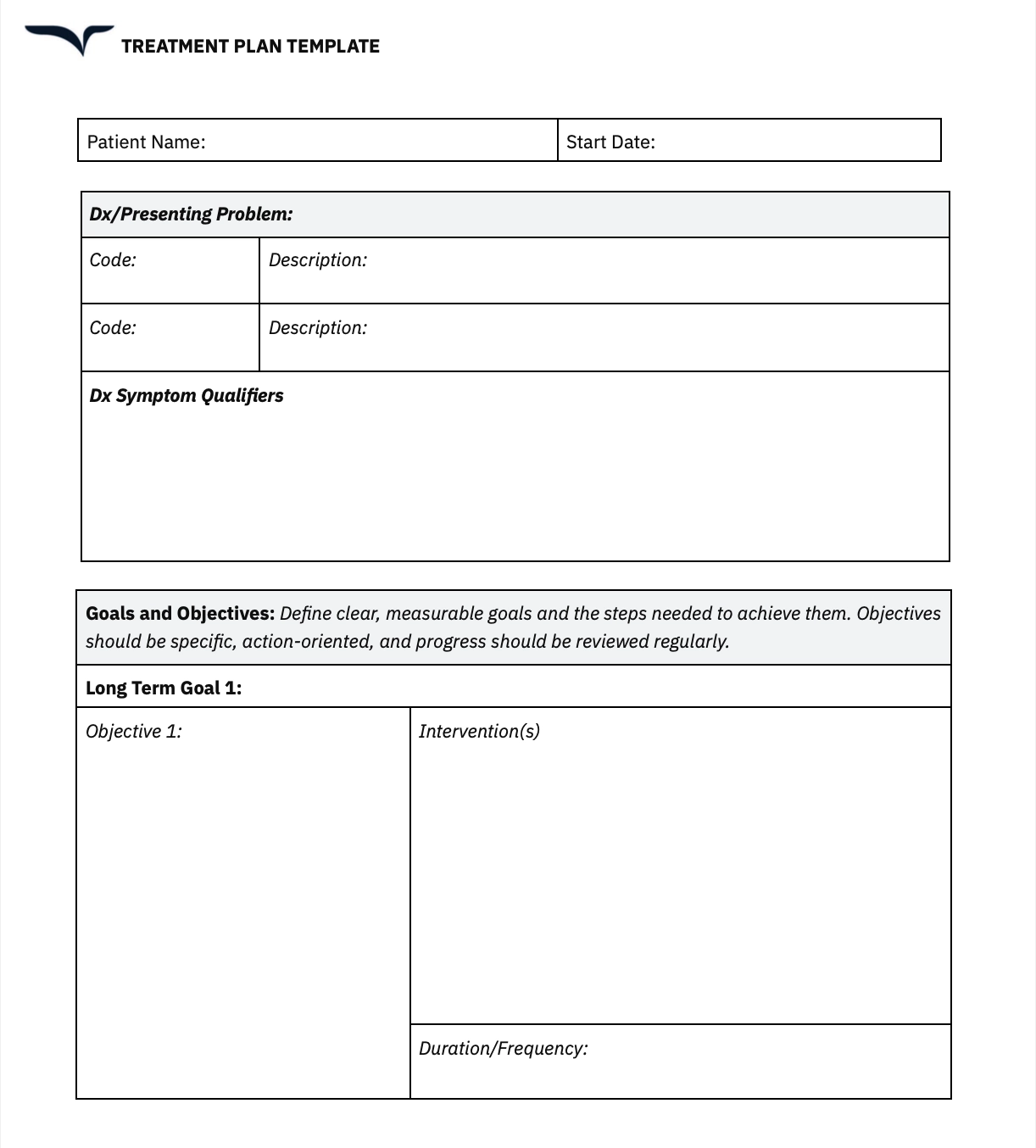 Treatment Plan Template Fillable Free PDF Download