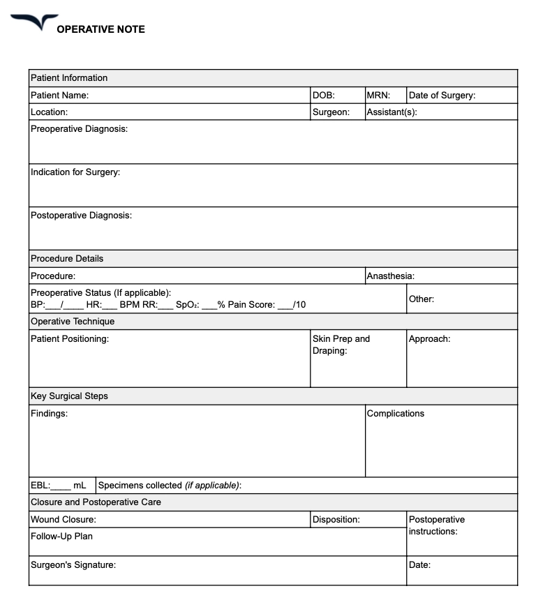 operative clinical note template free pdf download with fillable form